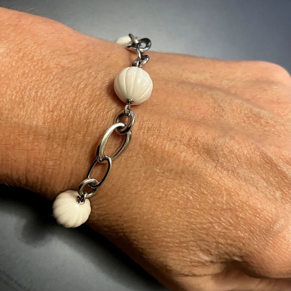 Fossil Sterling Silver Link Bracelet with White Ceramic Beads (NWOT) - Picture 6 of 6